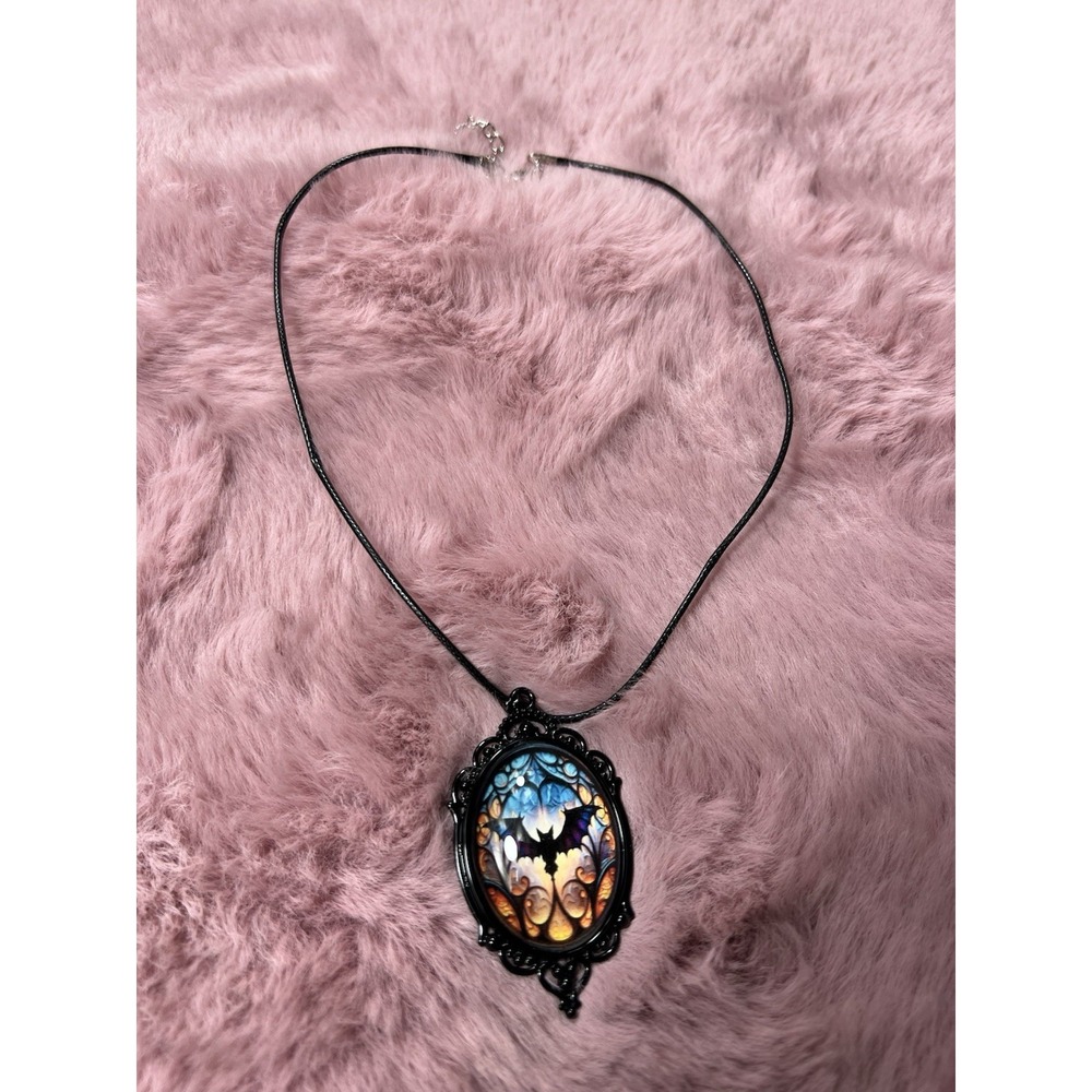 Gothic Bat Glass Pendant Necklace For Womens Vintage Gothic Rope Chain With Bat